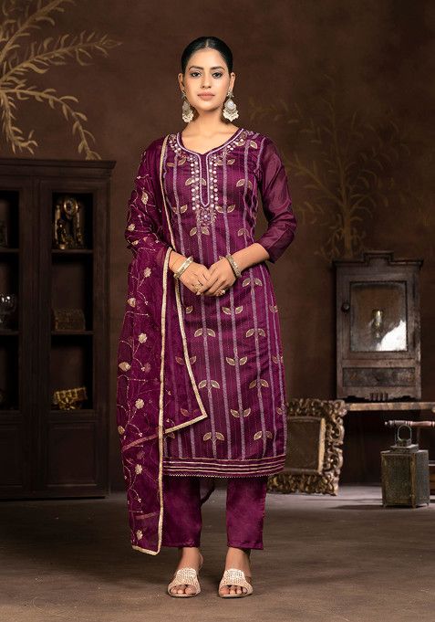 Purple Hand Embroidered Modal Butti Kurta Set