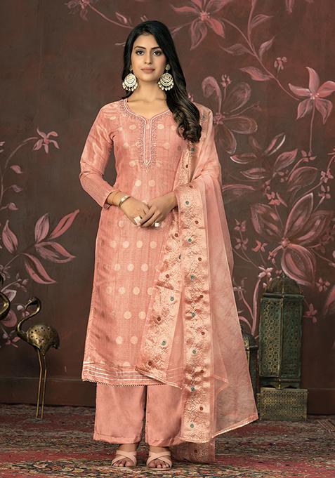 Peach Hand Embroidered Modal Butti Kurta Set