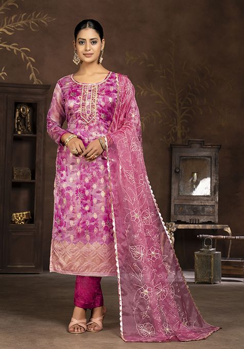 Purple Hand Embroidered Organza Kurta Set