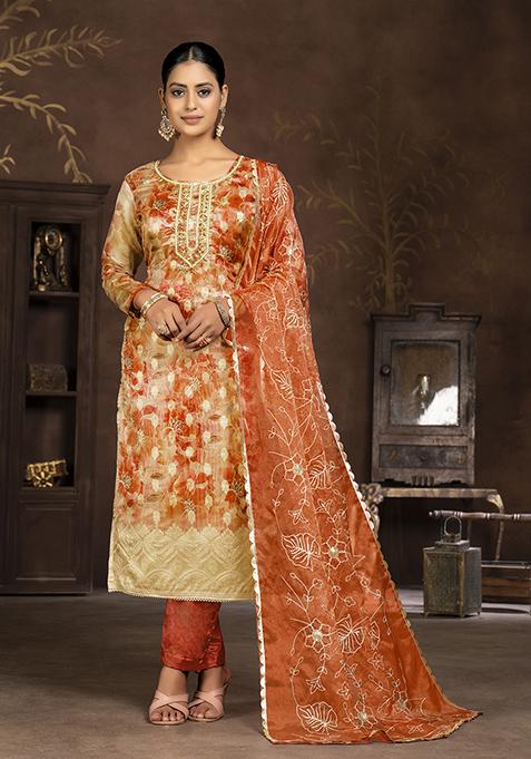 Orange Hand Embroidered Organza Kurta Set