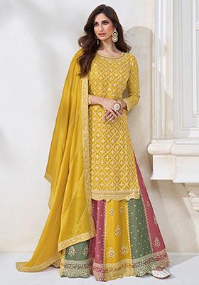 Yellow Embroidered Chinon Kurta Set