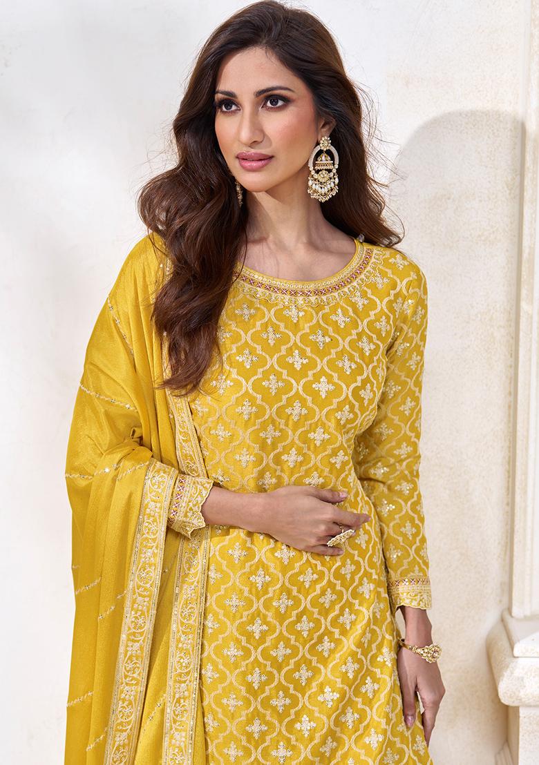 Yellow Embroidered Chinon Kurta Set