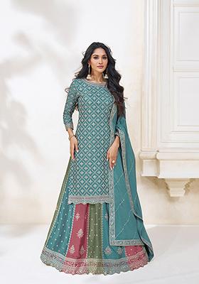 Sky Blue Embroidered Chinon Kurta Set