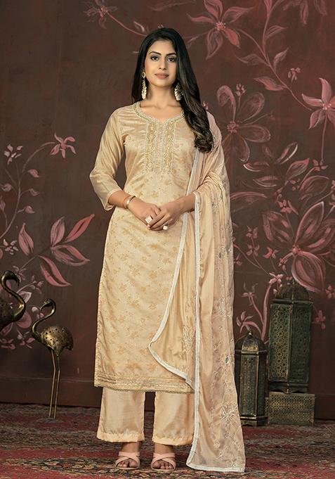 Peach Hand Embroidered Modal Butti Kurta Set