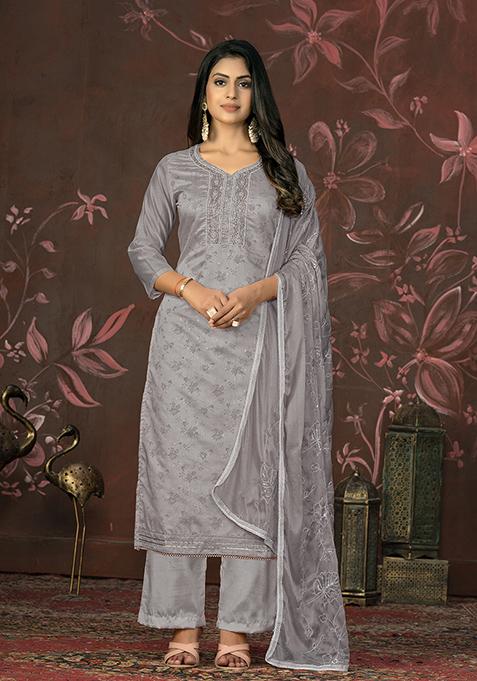 Grey Hand Embroidered Modal Butti Kurta Set