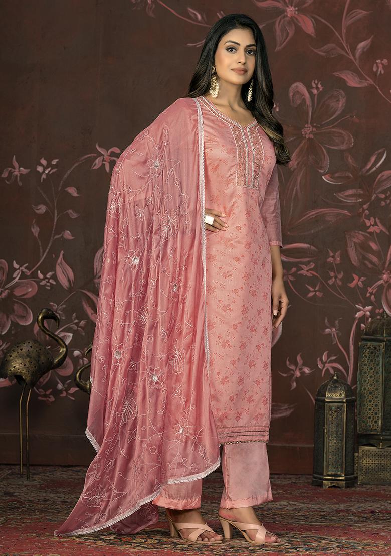 Pink Hand Embroidered Modal Butti Kurta Set