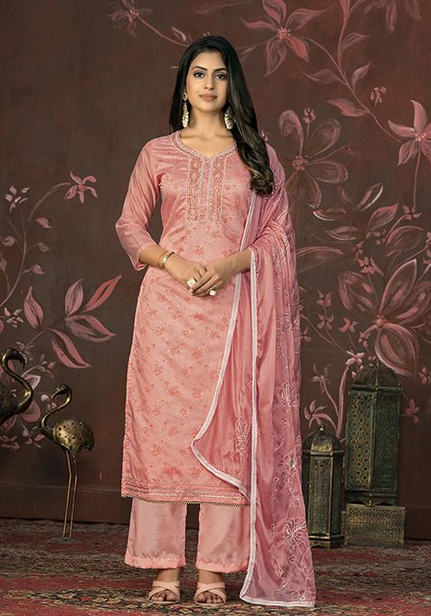 Pink Hand Embroidered Modal Butti Kurta Set