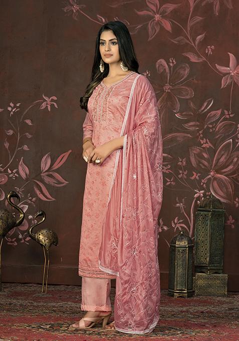 Pink Hand Embroidered Modal Butti Kurta Set