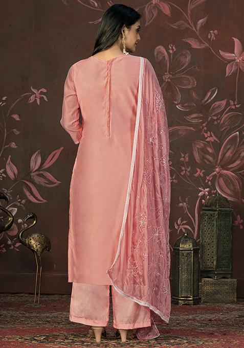 Pink Hand Embroidered Modal Butti Kurta Set
