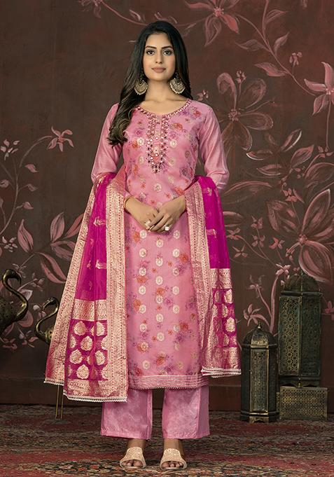 Pink Hand Embroidered Modal Butti Kurta Set