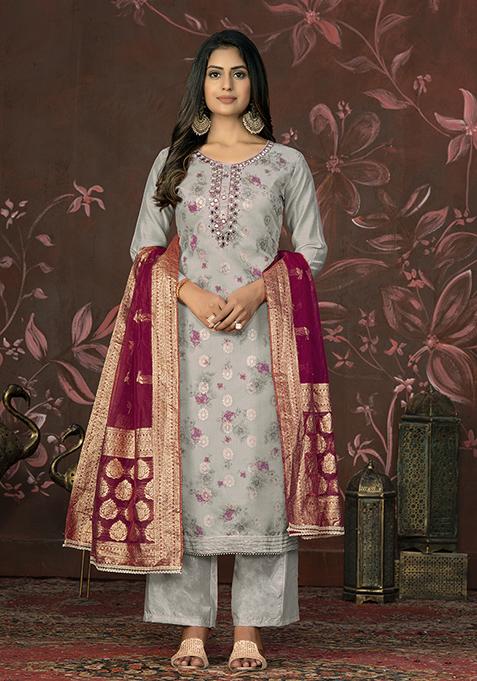 Grey Hand Embroidered Modal Butti Kurta Set