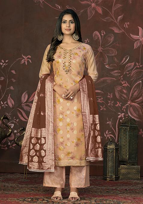 Peach Hand Embroidered Modal Butti Kurta Set