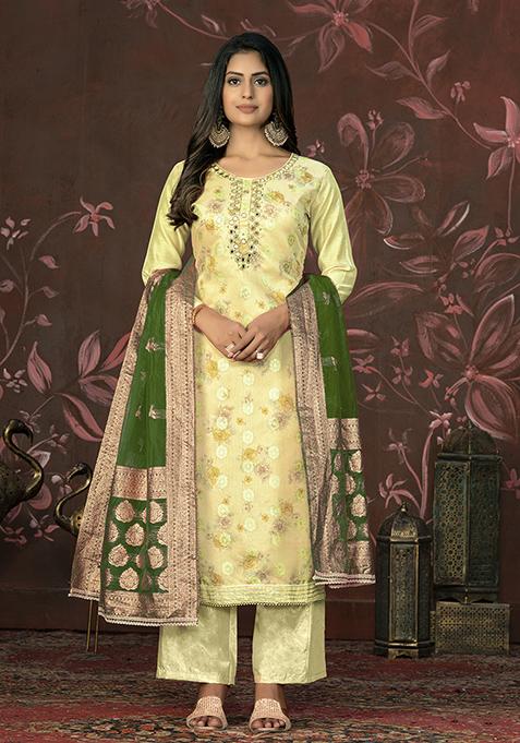 Yellow Hand Embroidered Modal Butti Kurta Set