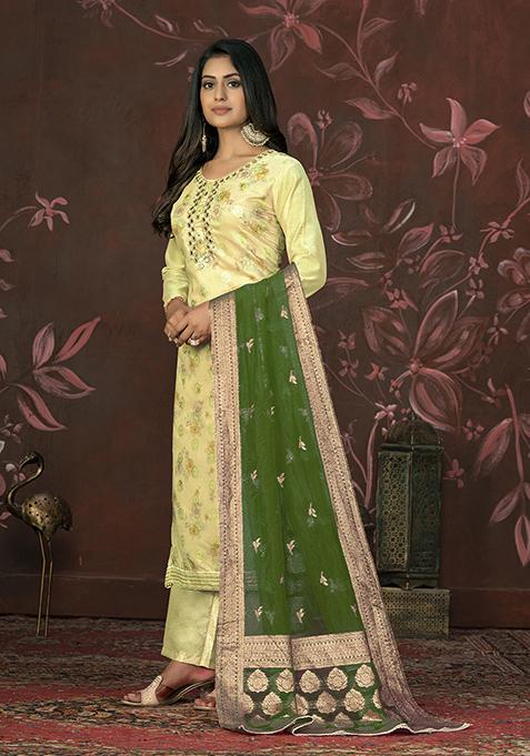 Yellow Hand Embroidered Modal Butti Kurta Set