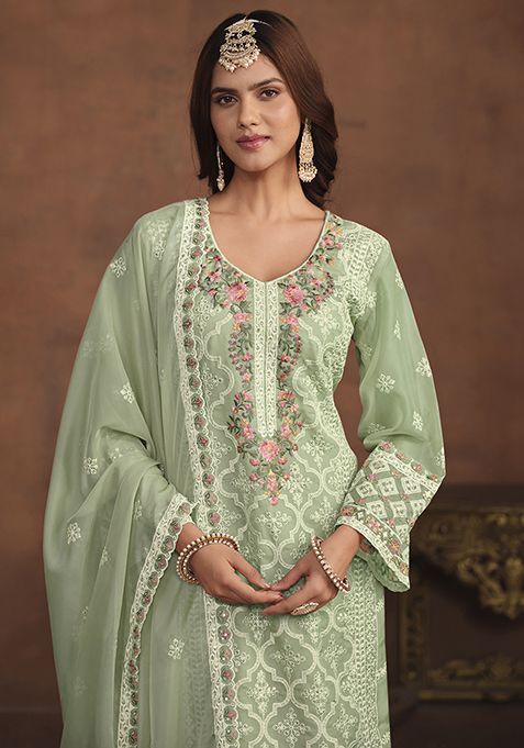 Pista Green Embroidered Organza Kurta Set