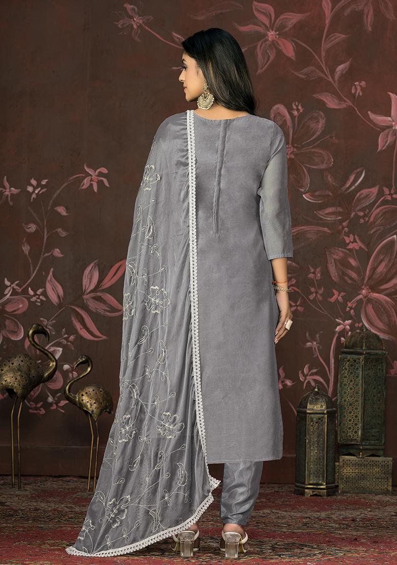 Grey Hand Embroidered Modal Butti Kurta Set
