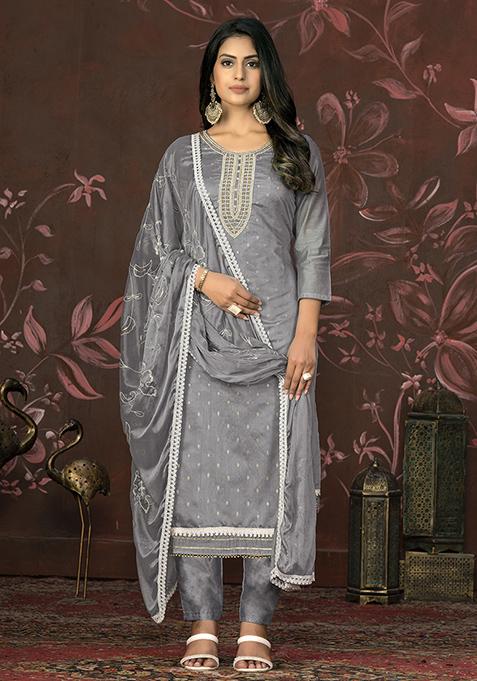 Grey Hand Embroidered Modal Butti Kurta Set