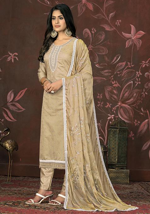 Beige Hand Embroidered Modal Butti Kurta Set