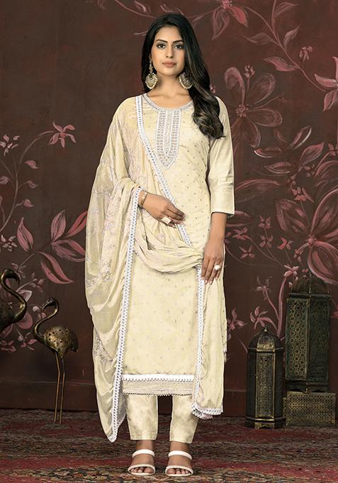 Cream Hand Embroidered Modal Butti Kurta Set