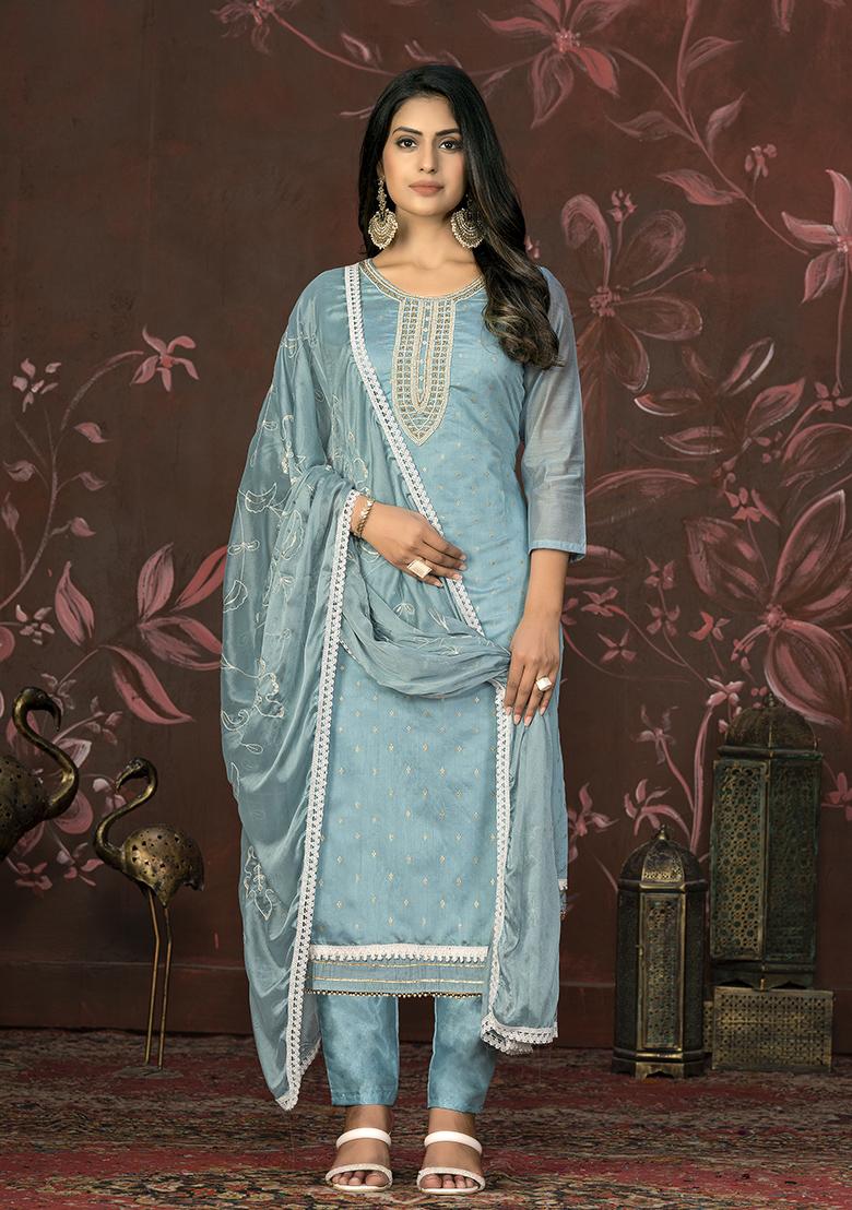 Blue Hand Embroidered Modal Butti Kurta Set