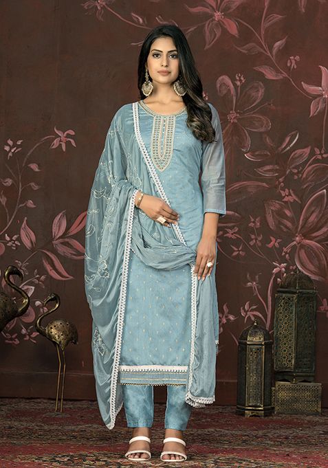 Blue Hand Embroidered Modal Butti Kurta Set