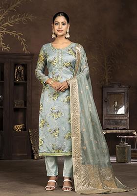 Blue Printed Organza Kurta Set