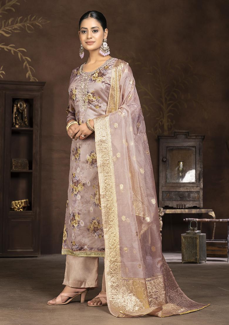 Peach Printed Organza Kurta Set