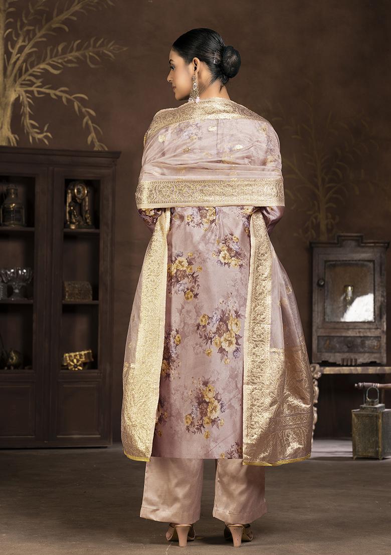 Peach Printed Organza Kurta Set