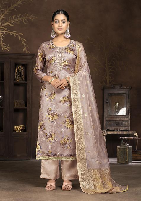 Peach Printed Organza Kurta Set