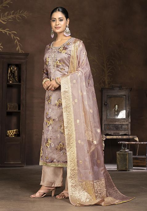 Peach Printed Organza Kurta Set