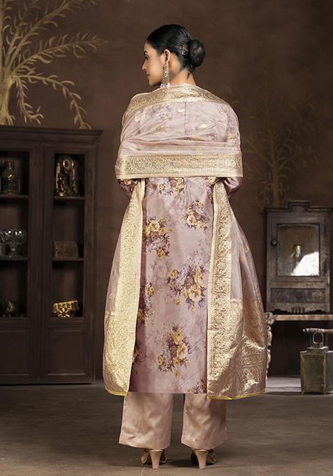 Peach Printed Organza Kurta Set