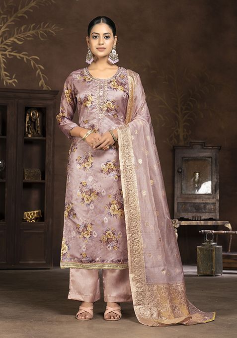 Pink Printed Organza Kurta Set