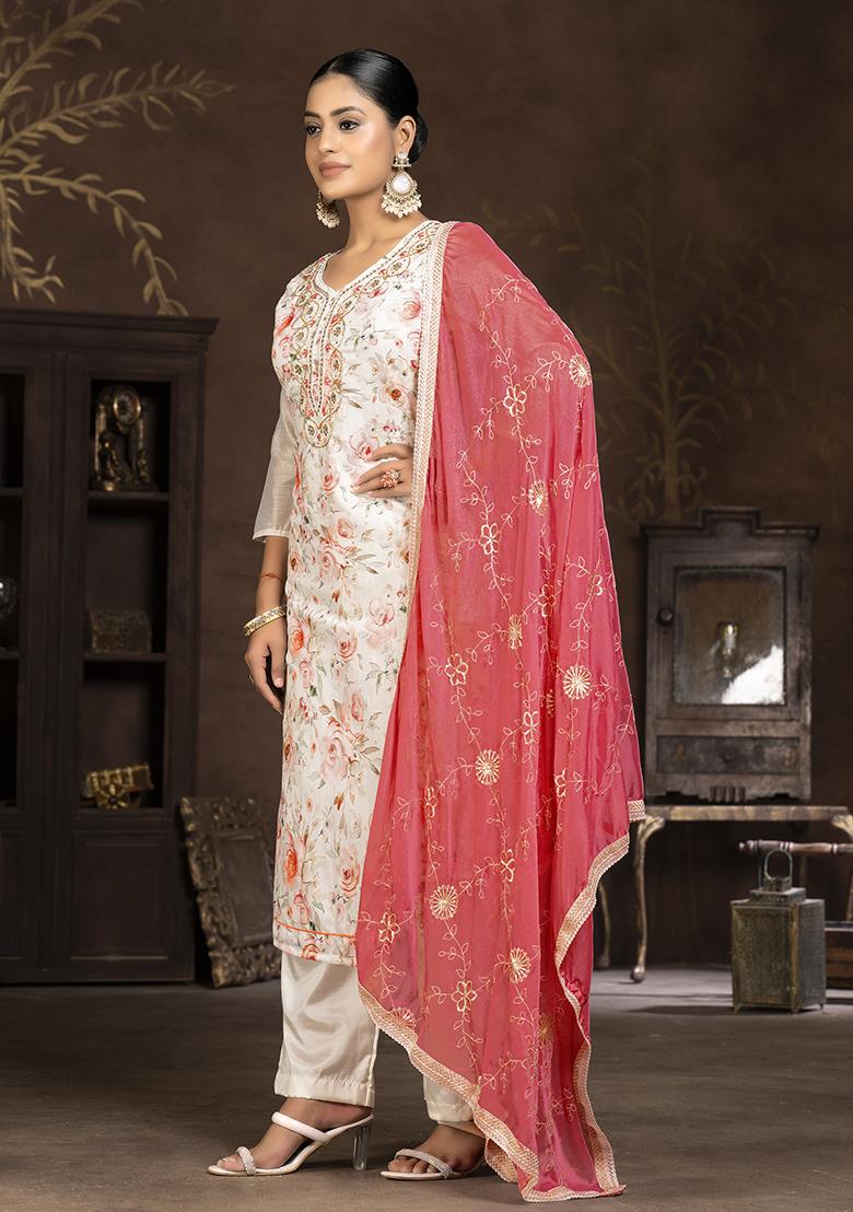 Cream Hand Embroidered Modal Butti Kurta Set