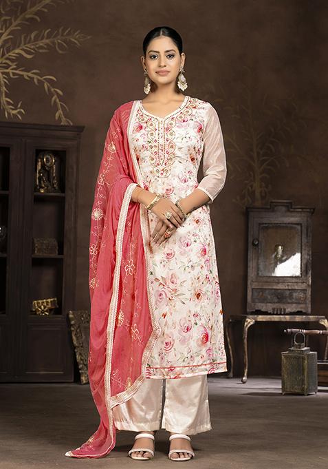Cream Hand Embroidered Modal Butti Kurta Set