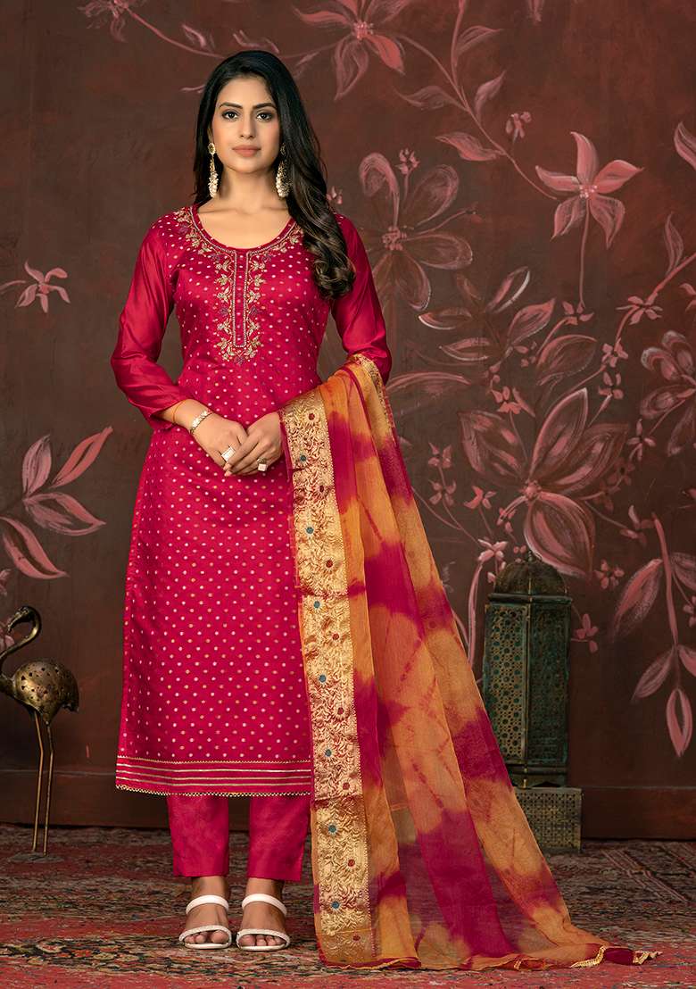 Pink Hand Embroidered Modal Butti Kurta Set - Indya
