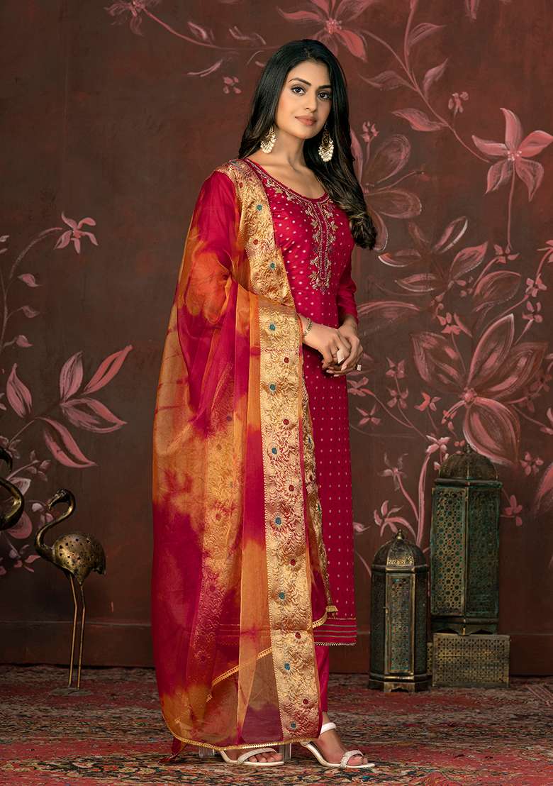 Pink Hand Embroidered Modal Butti Kurta Set - Indya