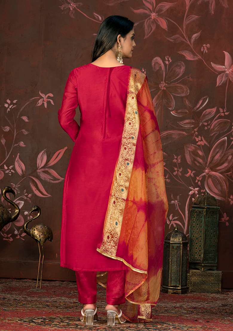 Pink Hand Embroidered Modal Butti Kurta Set - Indya