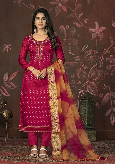 Pink Hand Embroidered Modal Butti Kurta Set