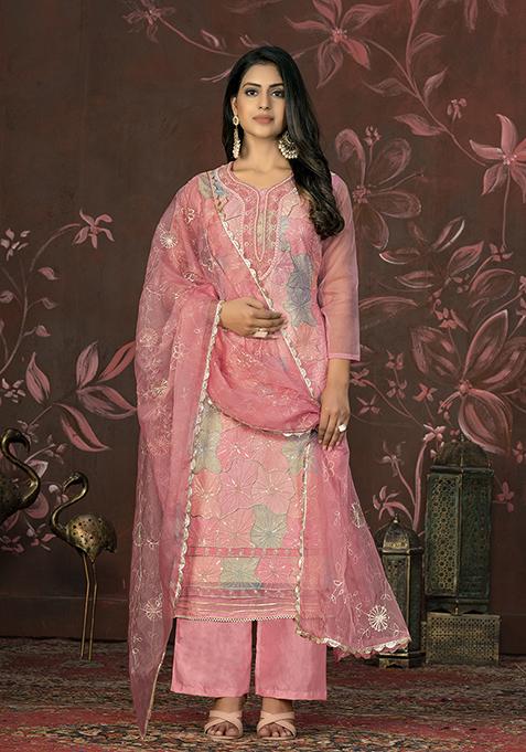 Peach Embroidered Organza Kurta Set