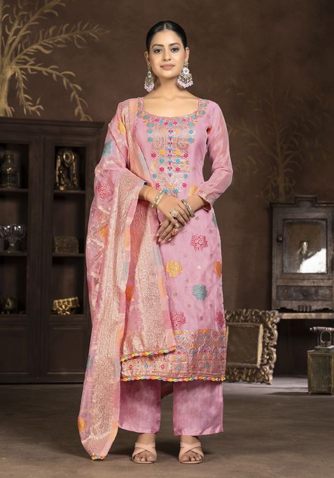 Pink Hand Embroidered Organza Kurta Set