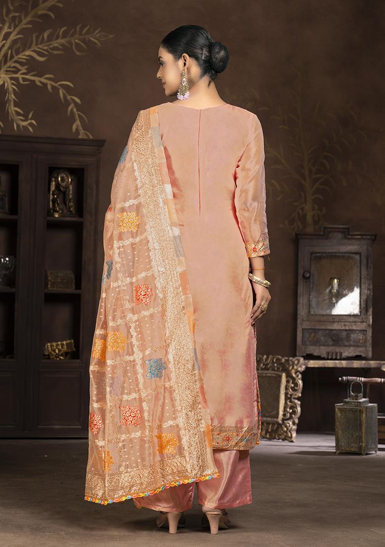 Peach Hand Embroidered Organza Kurta Set
