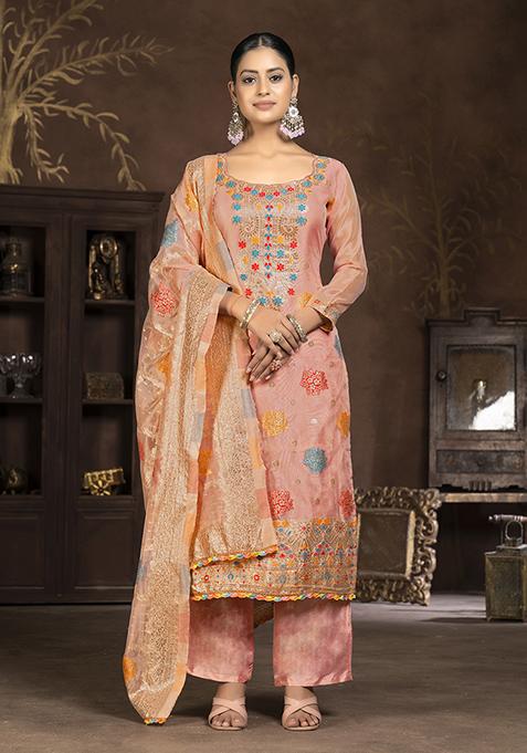 Peach Hand Embroidered Organza Kurta Set