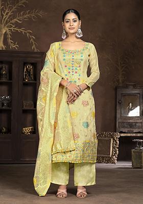 Yellow Hand Embroidered Organza Kurta Set