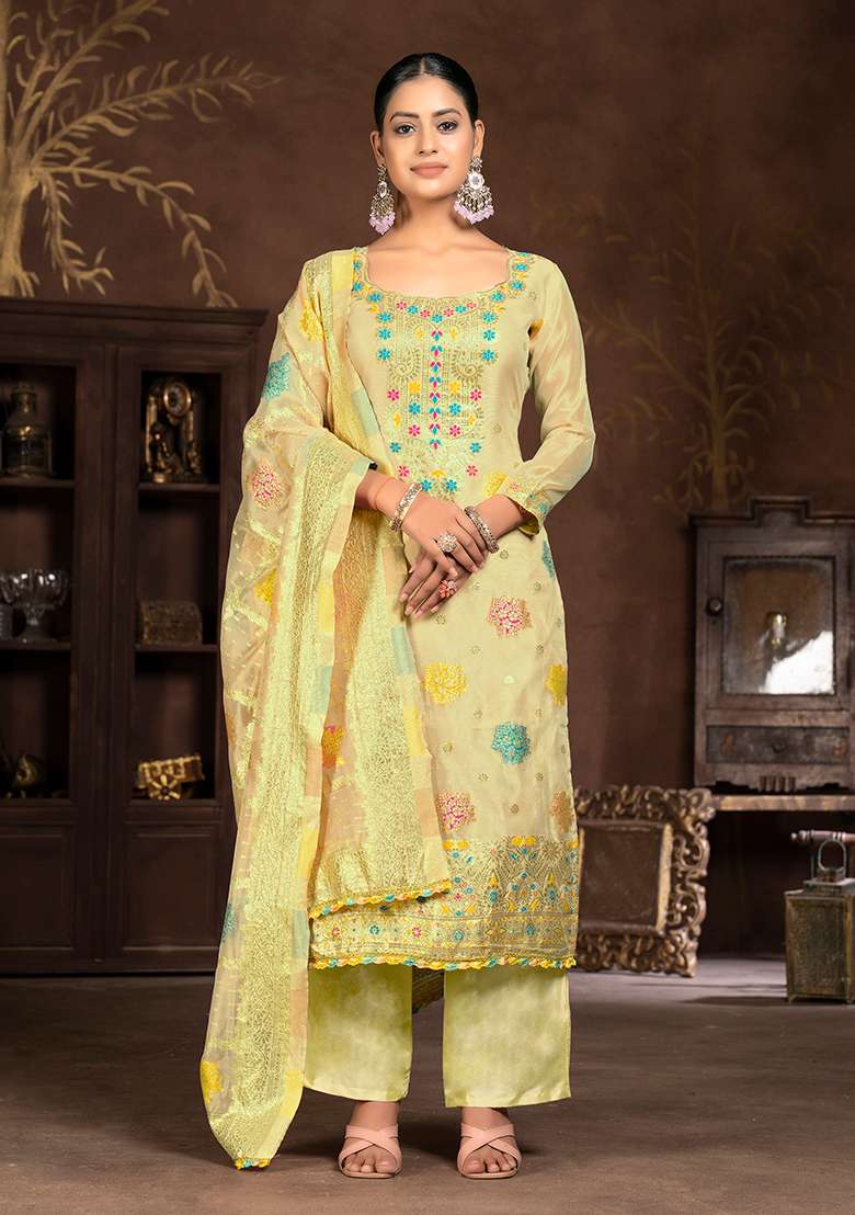 Yellow Hand Embroidered Organza Kurta Set - Indya
