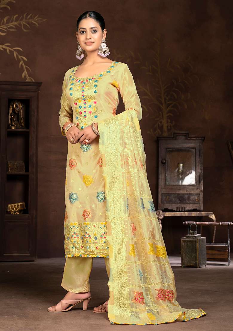 Yellow Hand Embroidered Organza Kurta Set - Indya