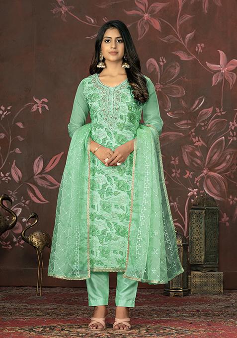 Green Hand Embroidered Organza Kurta Set