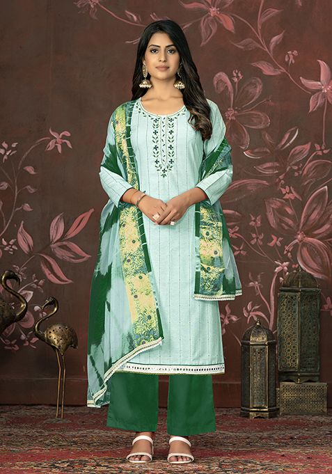 Sea Green Hand Embroidered Cambric Cotton Kurta Set