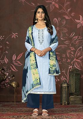 Blue Hand Embroidered Cambric Cotton Kurta Set