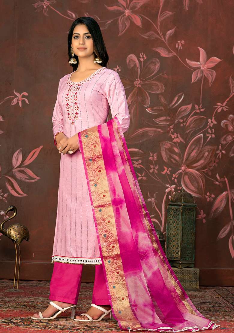Pink Hand Embroidered Cambric Cotton Kurta Set - Indya