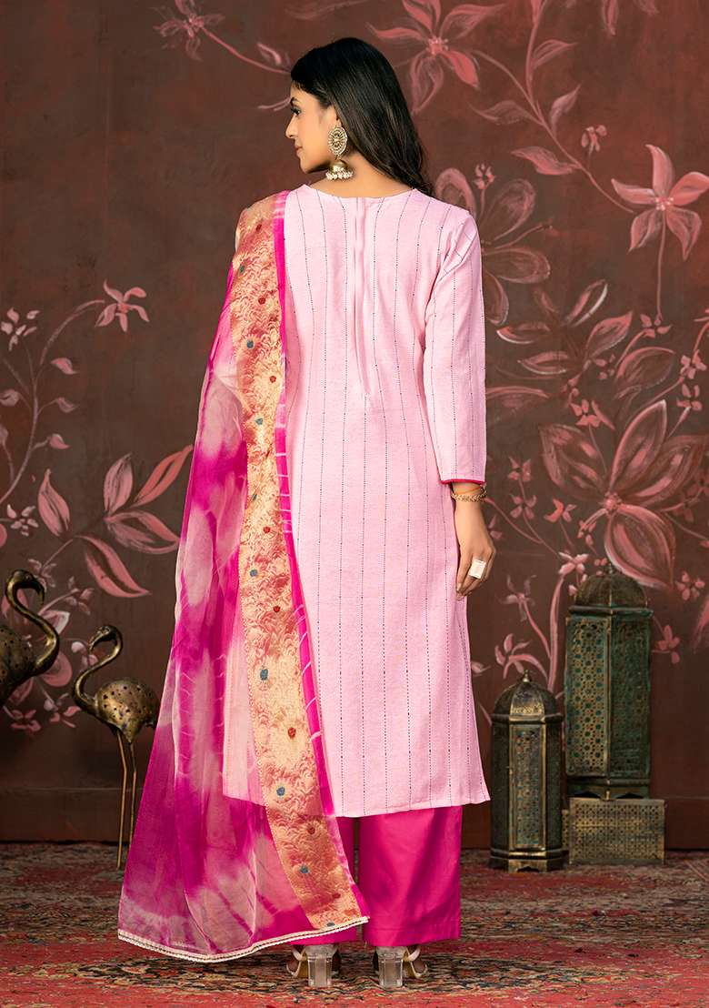 Pink Hand Embroidered Cambric Cotton Kurta Set - Indya